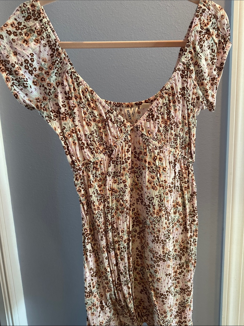 Roxy Floral Mini Dress in Blush, Brown and Mint